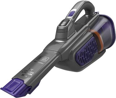Акумуляторний ручний пилосос BLACK+DECKER 18В 36Вт Dustbuster з технологією smarttech, циклонною системою, висувною щілинною насадкою, щіткою для шерсті тварин, настінною зарядною станцією, титан/срібло/фіолетовий