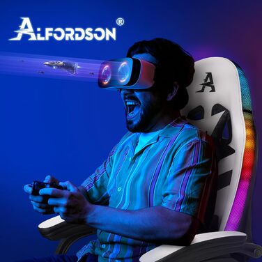 Ігрове крісло ALFORDSON з LED RGB підсвіткою, масажем, підставкою для ніг, ергономічне, біле