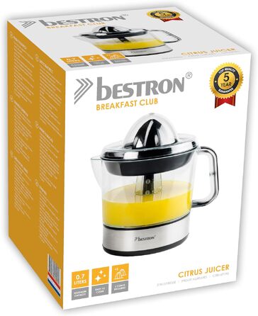 Цитрусовий прес електричний Bestron Black & Wood 0.7л, сріблястий. Подвійний конус, кришка для аромату