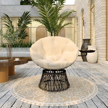 Крісло Outsunny Papasan Ротанг 360° Поворотне плетене крісло з подушкою Діаметр 90 см Кругле зовнішнє ротангове крісло Поворотне крісло Крісло для відпочинку Крісло для відпочинку Крісло для вітальні Сад Балкон бежевий