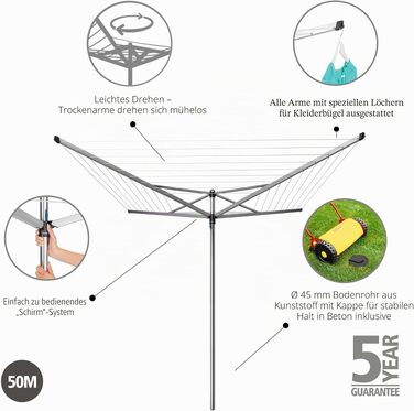 Ротаційна сушарка для білизни Brabantia Topspinner (50м) з металевим анкером у підлогу, срібляста