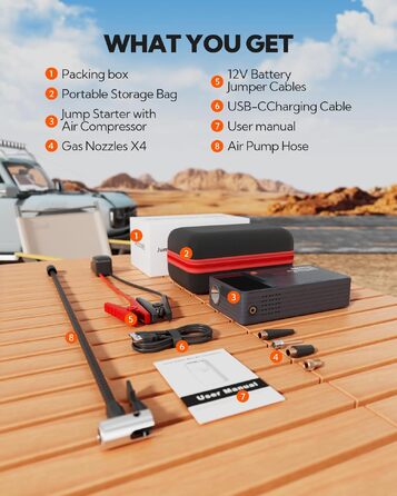 Бустер-пусковий пристрій для авто JC8 8000mAh 7-в-1: портативний компресор, Powerbank, LED-ліхтарик та USB-C зарядка, автомобільний jump starter