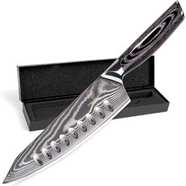 Кухонний ніж Wolfblood PRO Damast XL (33 см) з дамаської сталі 67 шарів, преміум-якість, для професійних кухарів, з дерев'яною ручкою, подарункова коробка, захист леза, сертифікований TÜV, 62 HRC