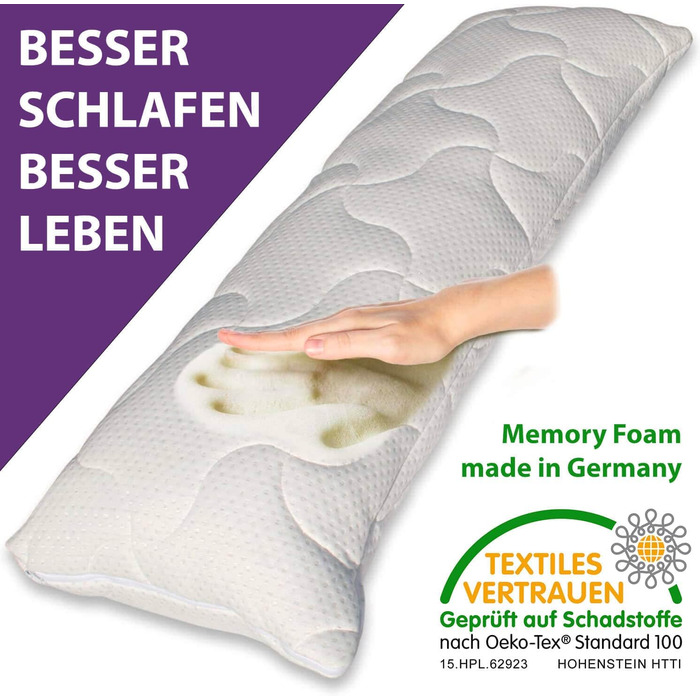 Подушка для сну Traumreiter Visco Gel XL 140x50, ортопедична, для вагітних, довга, з чохлом із бавовни, сірий колір