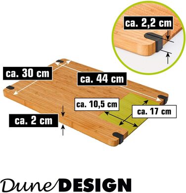 Обробна дошка DuneDesign 44x30x2 см з бамбука — масивна, 100% нековзка, для кухні, м'яса, овочів, дерев'яна дошка для нарізання