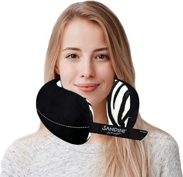 Подушка для подорожей SANDINI TravelFix Slim, плюш, ергономічна підтримка, з чохлом, зебра, преміум якість, зроблено в ЄС