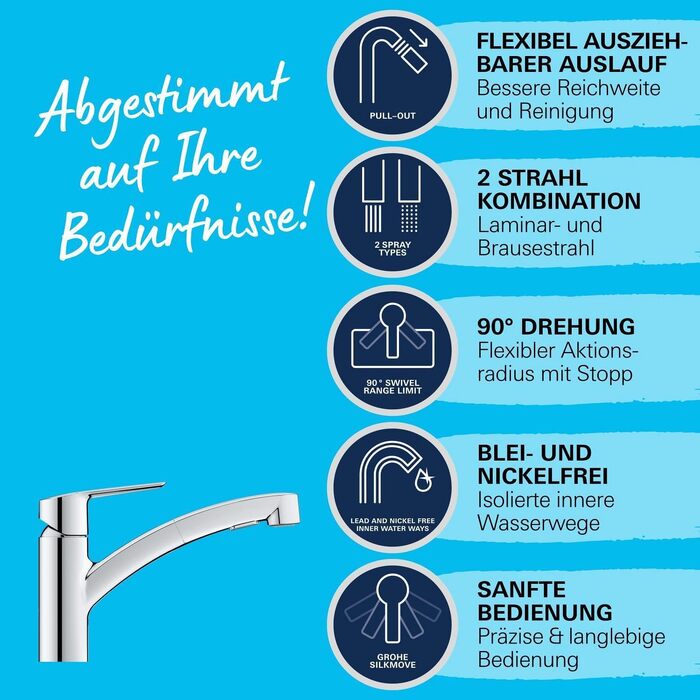 Змішувач кухонний GROHE Start з висувним душем, поворотний на 90°, хром (30531001)