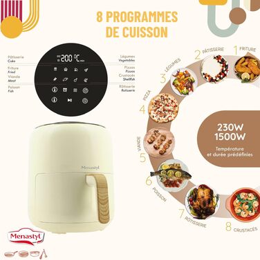 Аерофритюрниця MENASTYL 4,5 л Colorama Cream з дерев'яною ручкою, електрична фритюрниця без олії, 6025004