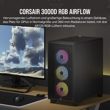 Корпус для ПК CORSAIR 3000D RGB Airflow, середній, чорний, 3 вентилятори AR120 RGB, підтримка трьохслотової відеокарти, до 8 вентиляторів 120 мм, високий повітряний потік