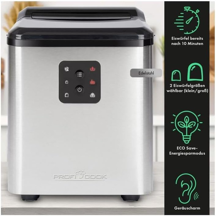 Льодогенератор ProfiCook PC-EWB 1253, 12 кг/добу, 2 розміри кубиків, 1,5 л бак, швидке приготування льоду, з лопаткою