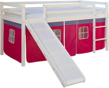 Дитяче ліжко Homestyle4u 90x200 см, біле, з гіркою та рожевим шторкою, дерев'яне ліжко-горище з сосни для дитячої кімнати