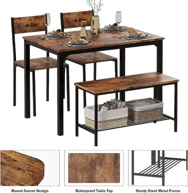 Обідній гарнітур sogesfurniture 4 предмети: стіл 110×70×76 см, 2 стільці, лавка, металевий каркас, прямокутний кухонний стіл з полицею для вітальні, їдальні, вінтажний коричневий