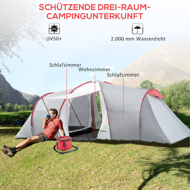 Outsunny Camping Tent, Тунельний намет на 6 осіб з 2 спальнями, вітальня, тамбур, вітрозахисний сімейний намет UV50+ з сумкою для перенесення, 2000 мм водовідштовхувальний засіб для кемпінгу, саду, сірий