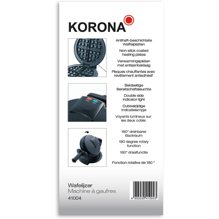 Вафельниця Korona 41004 для круглих бельгійських вафель, обертається на 180°, 1000 Вт, з двосторонньою індикацією, ідеальний розподіл тіста, компактне зберігання