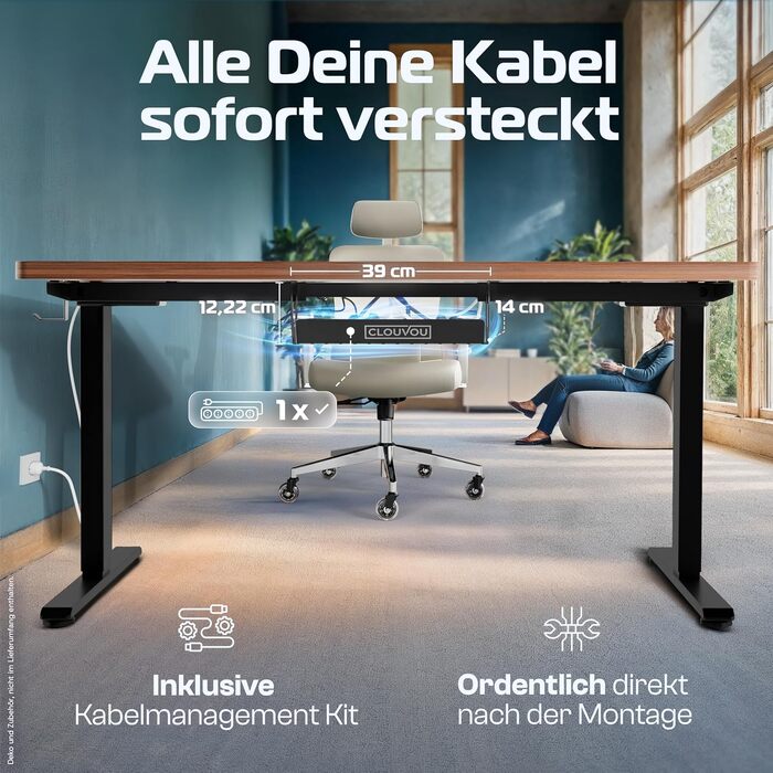 Електричний стіл CleverDesk 160x80 см з регулюванням висоти, чорний каркас, стільниця з дерева, 2x USB, кабель-канал - Переможець тесту!