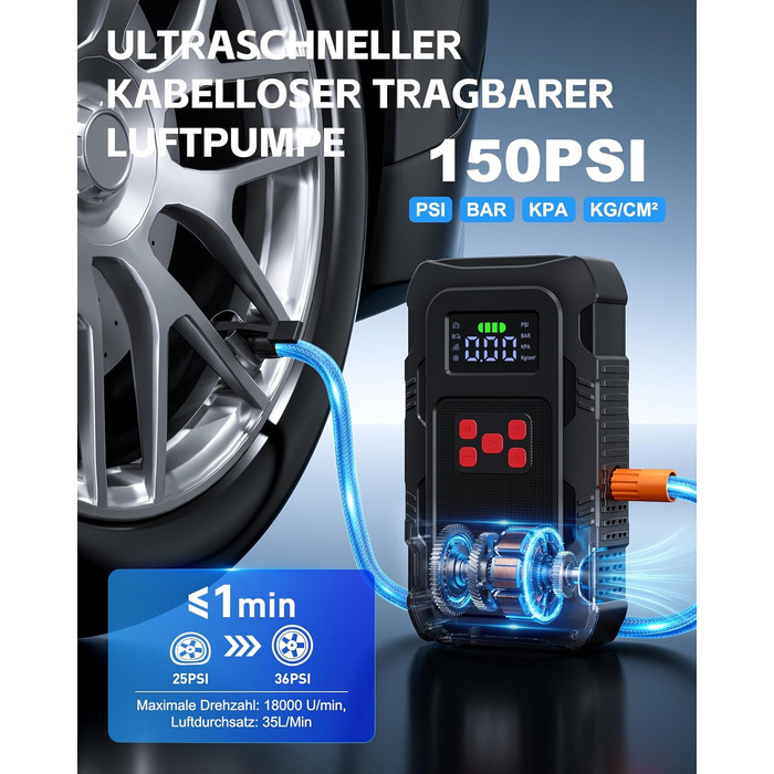 Пусковий інвертор Povasee Jump Starter 6000A з компресором 150 PSI, Powerbank для авто 12V, електричний насос та ліхтариком (Помаранчевий/Чорний/Червоний)