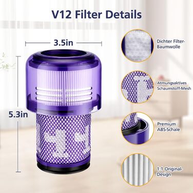 Набір з 3 фільтрів HEPA для пилососа Dyson V12 Detect Slim Absolute/Total Clean/Extra/Fluffy, змінний фільтр 971517-01, аксесуари для пилососа