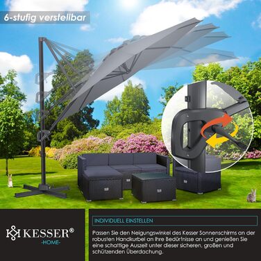 Сонячна парасолька KESSER XL 330 см, кругла, антрацит, з чохлом, вітрозахистом, 7-позиційне регулювання, нахил, обертання 360°, для саду, з крутилкою, захист від сонця UV50+