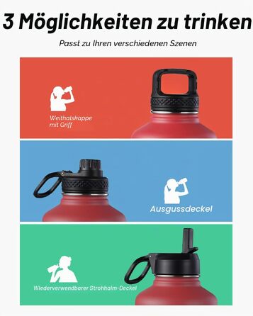 Термофляга Coolflask 2л зі сталі з трубою та 3 кришками, ізольована пляшка для води для спорту та офісу, герметична, червона