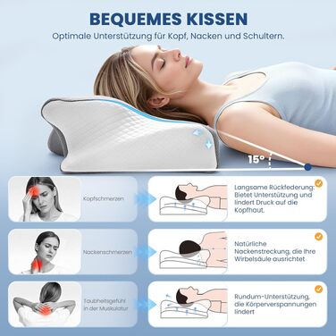 Ортопедична подушка A-Pce з піни Memory Foam для шиї та спини, сіро-біла. Для сну на боці, спині та животі. Зменшує біль у шиї, плечах та спині.