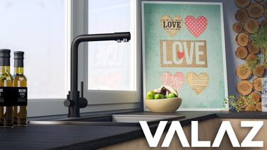 Змішувач для кухні VALAZ 3-х режимів з фільтром для води, чорний матовий | Змішувач для газованої води, економний, швидкий монтаж, поворотний на 360°, серія Nilo