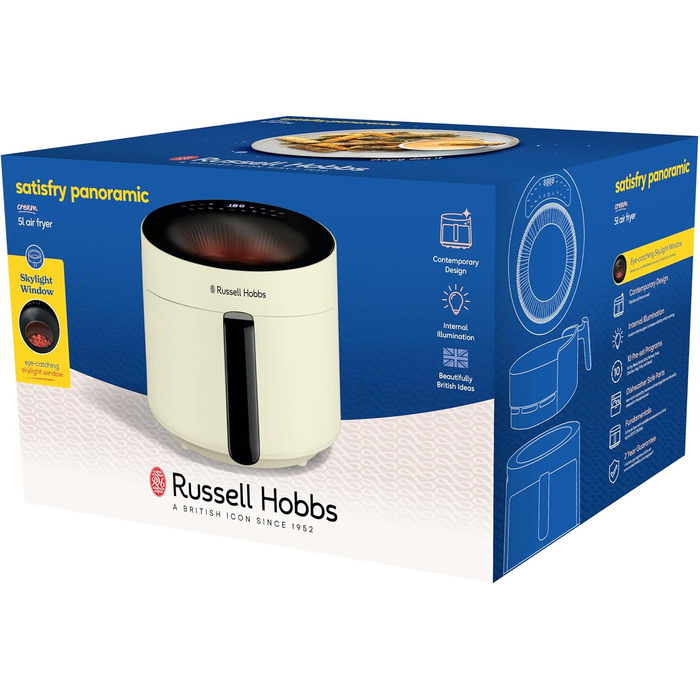 Аерофритюрниця Russell Hobbs SatisFry Panoramic 5 л, 10 програм, з оглядовим вікном, без олії, для фритюру, грилю, запікання та випікання, до 200°C, підходить для посудомийної машини, кремова, модель 27421-56