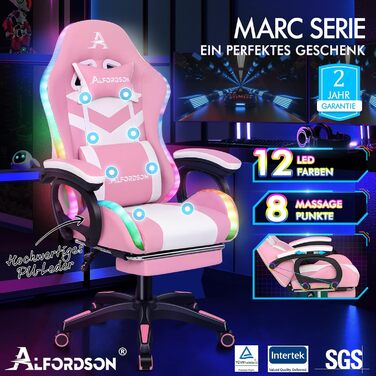 Ігрове крісло ALFORDSON з LED RGB підсвіткою, масажером і підставкою для ніг, ергономічне комп'ютерне крісло рожеве