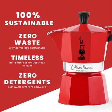 Кавоварка гейзерна Bialetti Moka Color, алюмінієва, 1 чашка, червона, для плити, справжня італійська кава