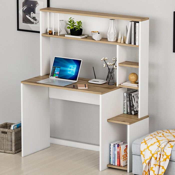 Комп'ютерний стіл HOMIDEA Olivia з полицями, сучасний дизайн, 114x45x139 см, білий