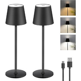 Диммерна LED лампа на акумуляторі 2 шт., сенсорне керування, USB-C, металева, перезаряджається, для вулиці та дому, IP44, 5600mAh, 5W, чорна
