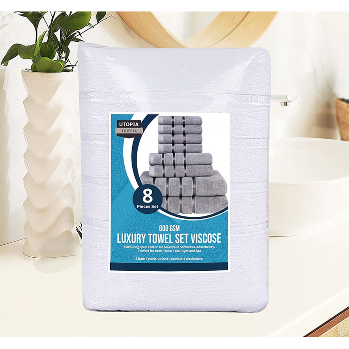 Набір рушників Utopia Towels 8 шт. з петелькою, 97% бавовна, високої якості, швидковисихаючі, 2 банних, 2 для рук, 4 для обличчя, білі