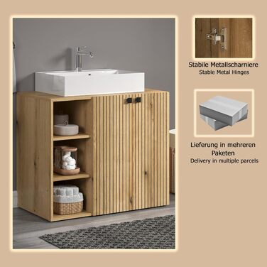 Тумба під раковину на колесахх trendteam PureBliss, 80x64x42 см, дуб Evoke, з 2 відкритими полицями та металевими ручками