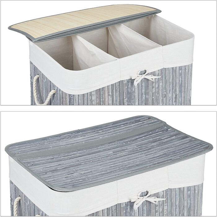 Сортувальник для білизни Relaxdays, 3 секції, з кришкою, прямокутний, 62x62,5x42,5 см, бамбук, сірий/білий