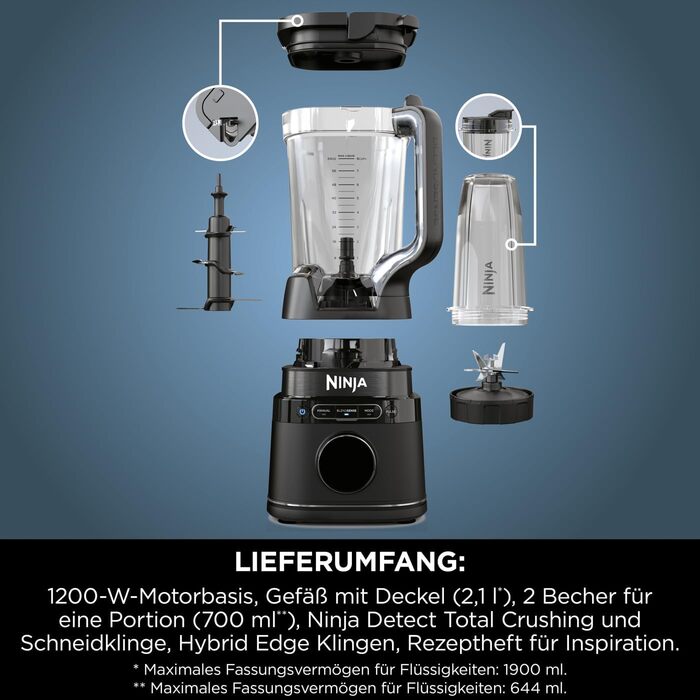 Блендер Ninja 2-в-1 Detect Power Mixer Pro 1200Вт з глечиком і 2 чашами, для смузі, подрібнення овочів та льоду, чорний TB301EU