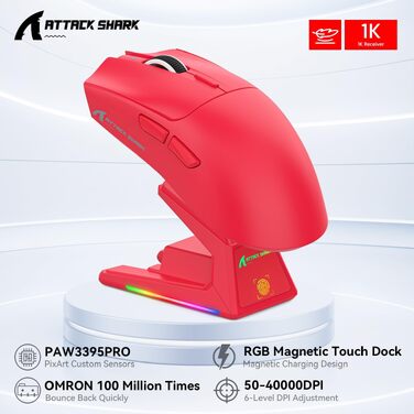 Ігрова бездротова миша Attack Shark X1 з RGB док-станцією, сенсором PixArt PAW3395PRO, 40000 DPI, вага 53г, підтримка BT/2.4G/Wired для Windows, Mac, Xbox, PS (Білий/Червоний)