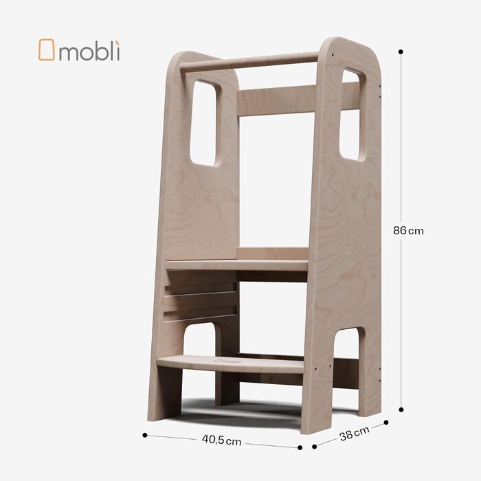 Стілець-лесенка Montessori Mobli для малюків: регульовані сходинки для незалежності та безпеки. Білий (шпон, дерев'яний малюнок)
