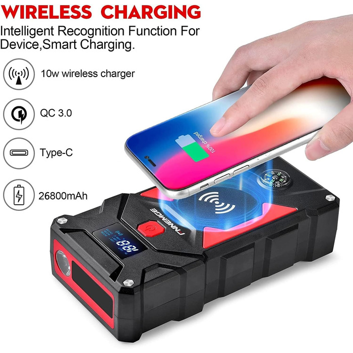 Бустер автозапуску FNNEMGE 9000A 26800mAh для бензинових та дизельних двигунів до 10.0л, пусковий пристрій Powerbank 12V з Quick Charge 3.0 та LED-ліхтарем