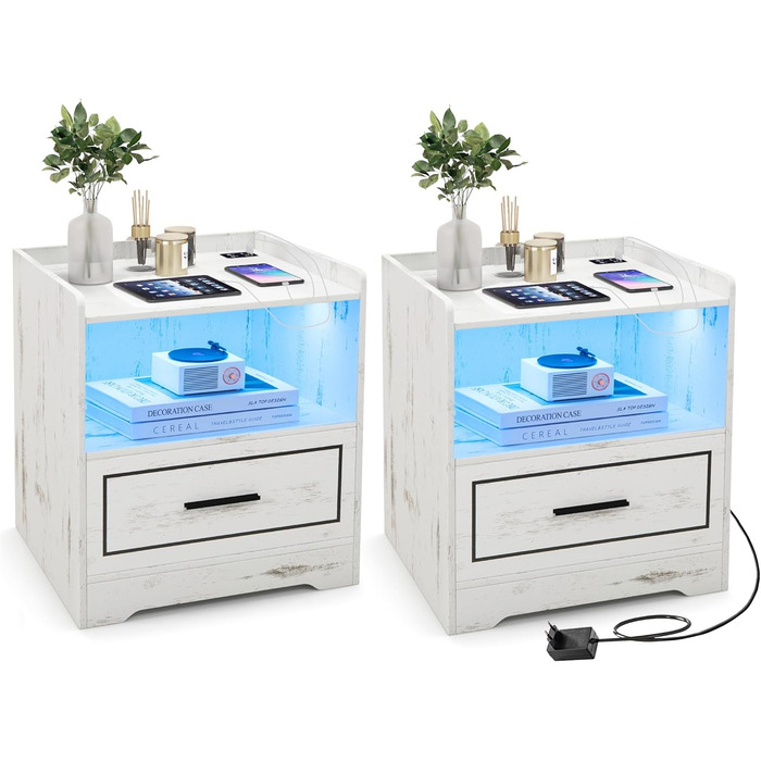 Тумба приліжкова GIANTEX з LED підсвіткою, 3 кольори, 2 шт, сенсор руху, USB та Type-C зарядка, біла
