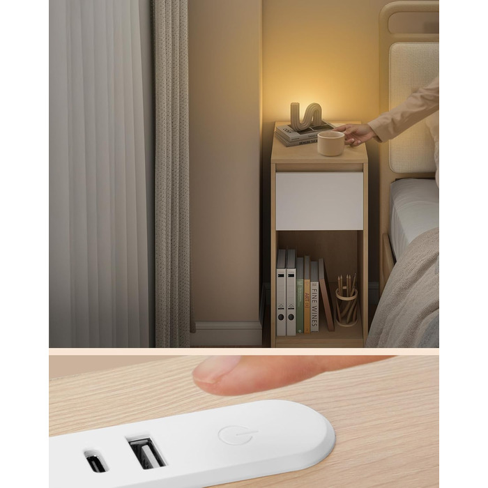 Приліжкова тумбочка VASAGLE з LED-підсвічуванням, USB-A та USB-C, з шухлядою та відкритим відсіком, для спальні/вітальні, кольору 