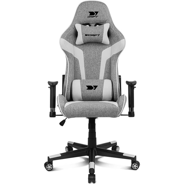 Ігрове крісло Drift DR90, тканинне, 2D підлокітники, підсилене нейлонове основання, клас 4 газліфт, нахил, подушки для попереку і шиї, сіре/біле