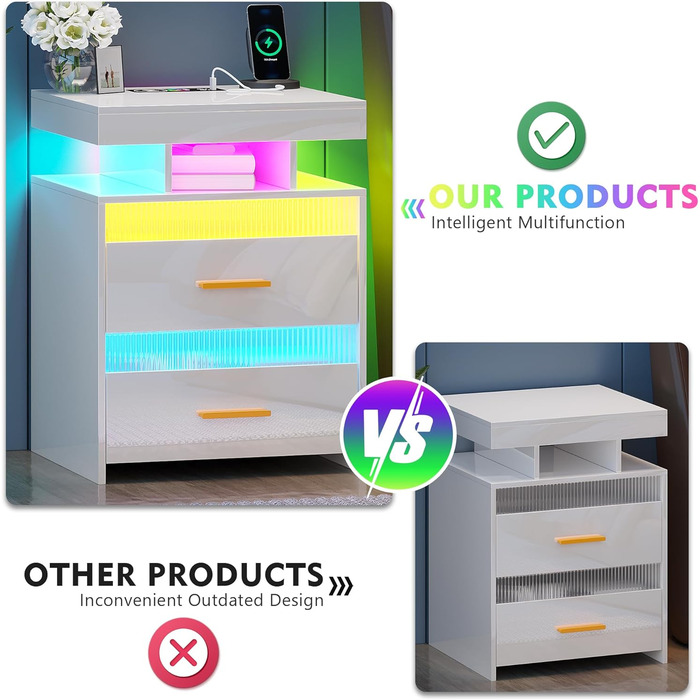 Нічний столик Lvifur з LED-підсвічуванням, сенсором руху та USB/Type-C зарядкою, 2 висувні ящики, бездротова зарядка, 3 кольори, регулювання яскравості, чорний колір