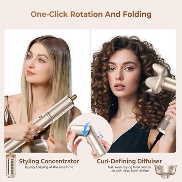 UKLISS Hairstyler Airstyler 8-в-1: Фен-щітка, випрямляч, плойка, насадки для об'єму та іонізація - Швидке сушіння для всіх типів волосся, колір шампань