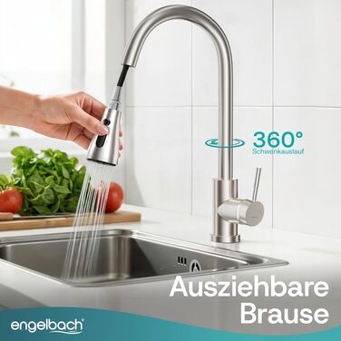Змішувач для кухні Engelbach® висувний, поворотний на 360°, нержавіюча сталь 304, 2 режими струменя, мийка, змішувач кухонний, щотка