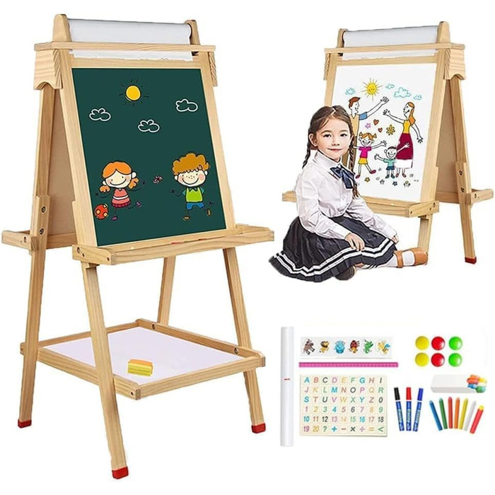 Дитячий двосторонній мольберт із рулоном паперу, whiteboard та грифельною дошкою, дерев'яний, регульований за висотою, бронзовий