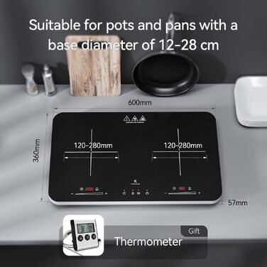 Індукційна плита COOKNANO подвійна 3600W з незалежним керуванням, 20 рівнів потужності та температури, таймер 6 годин, чорна 60x36x5.7 см