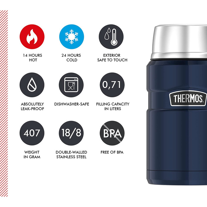 Термос для їжі Thermos Stainless King 710 мл, нержавіюча сталь, 14 годин гаряче / 24 години холодне, для супу, мюслі, рагу, герметичний, без ложки, синій, можна мити в посудомийній машині