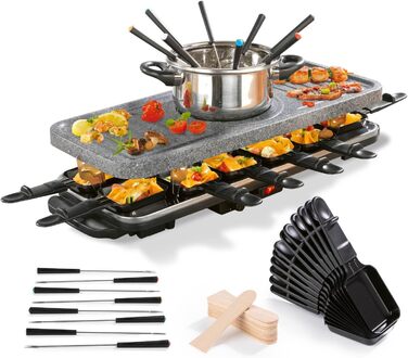 GOURMETmaxx Ракуетка 2-в-1 з Фондю | Набір ракуетки на 8 осіб – ідеальний гриль для вечірок | Ракуетка-фондю комбінація з 8 сковородами, лопатками та виделкою для фондю | Набір ракуетки з фондю на 8 осіб (Ракуетка & Фондю комбі XXL на 12 осіб)