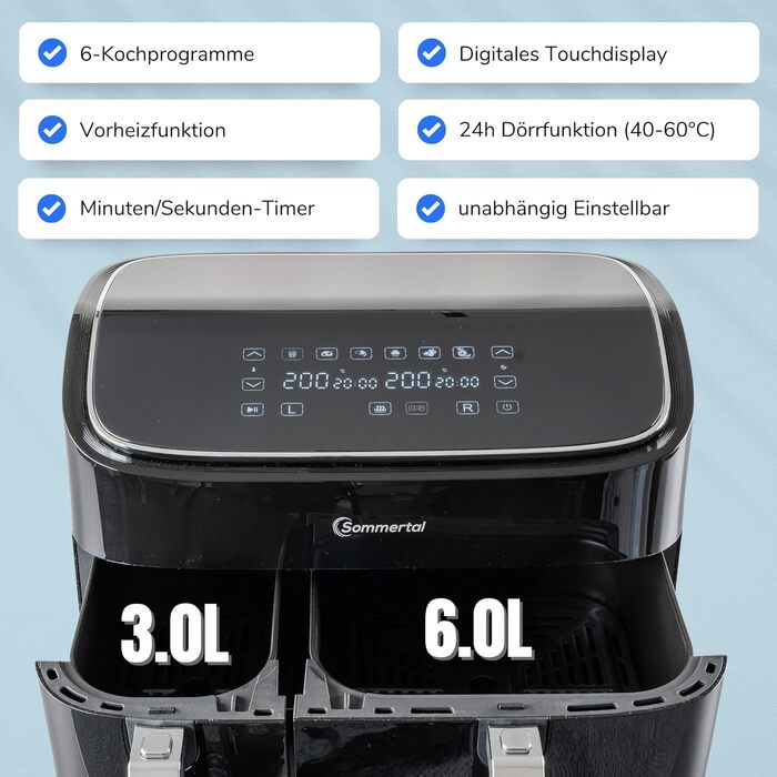 Аерофритюрниця з подвійною камерою Sommertal HF DUAL 900, 9 л, 2850 Вт, з функцією сушіння, сенсорним дисплеєм та 6 програмами, BPA-free