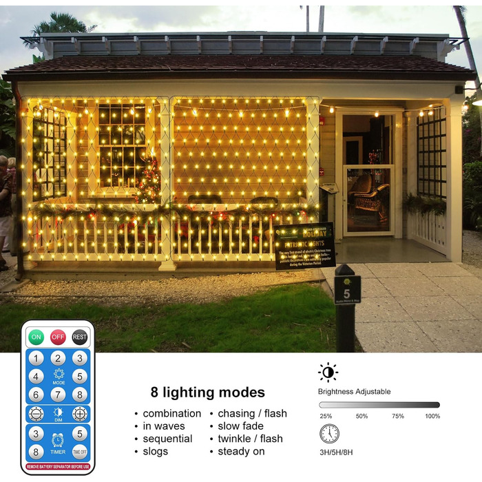 Сонячна сітка-ліхтарик 3x2 м 200 LED для вулиці, тепле біле світло, гірлянда на кущі з пультом, таймером, 8 режимів, для саду, Хелловіну, весілля
