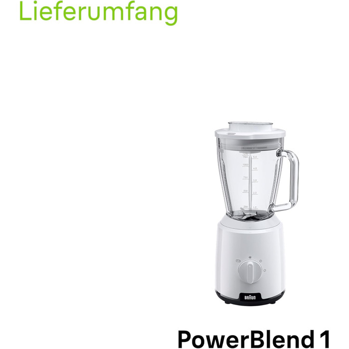 Блендер Braun PowerBlend 1 JB1050WH білий - скляна колба 1.5л, 600 Вт, подрібнювач, для смузі та льоду